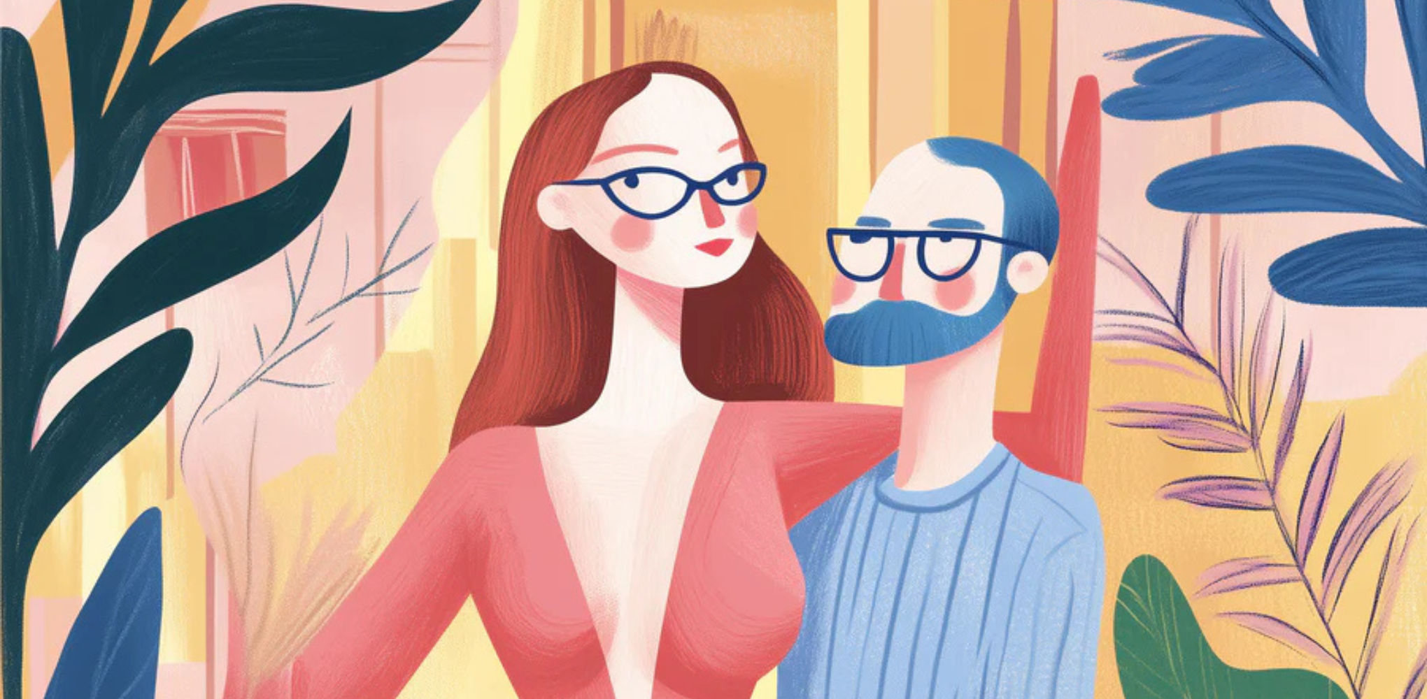 Vibrant illustration of a mom and dad, both wearing glasses, sitting together as she sits on his lap, surrounded by colorful background—capturing a joyful date moment