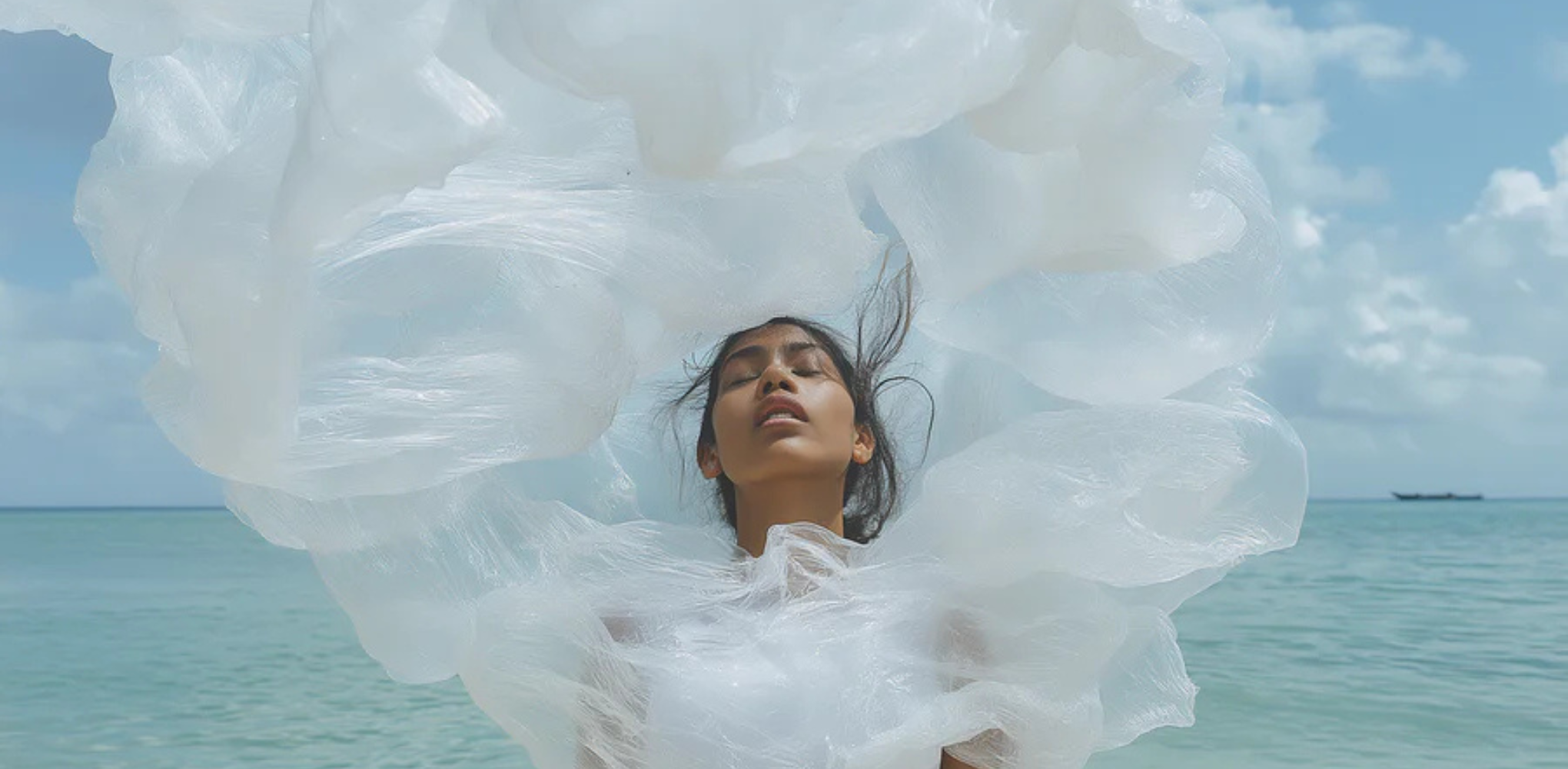 Illustration of a woman closing her eyes, nylon bags surrounding her head, with the sea behind her, representing overwhelm and the challenge of setting boundaries in modern motherhood