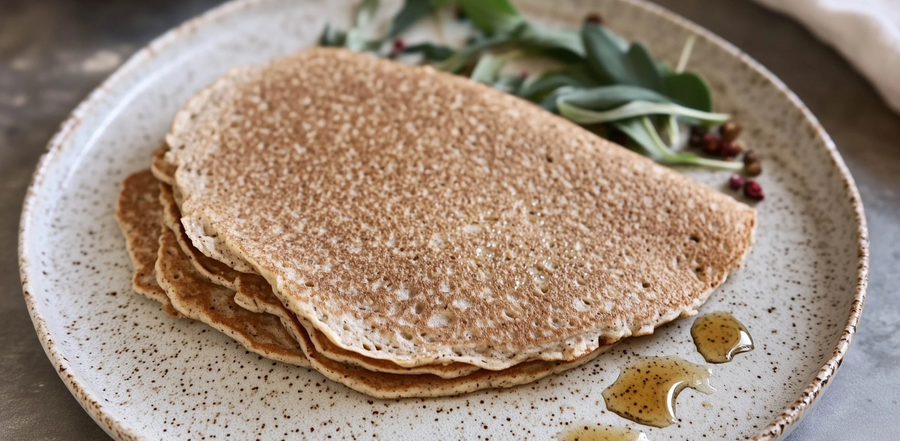 Stack of large, fluffy buckwheat pancakes, drizzled with maple syrup and garnished with decorative leaves, presented like a cookbook image