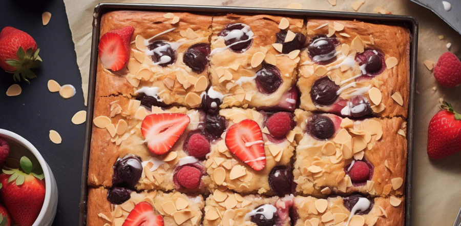 Top view of a rectangular, thin gluten-free pancake in a sheet pan, topped with sliced strawberries, blueberries, and almonds