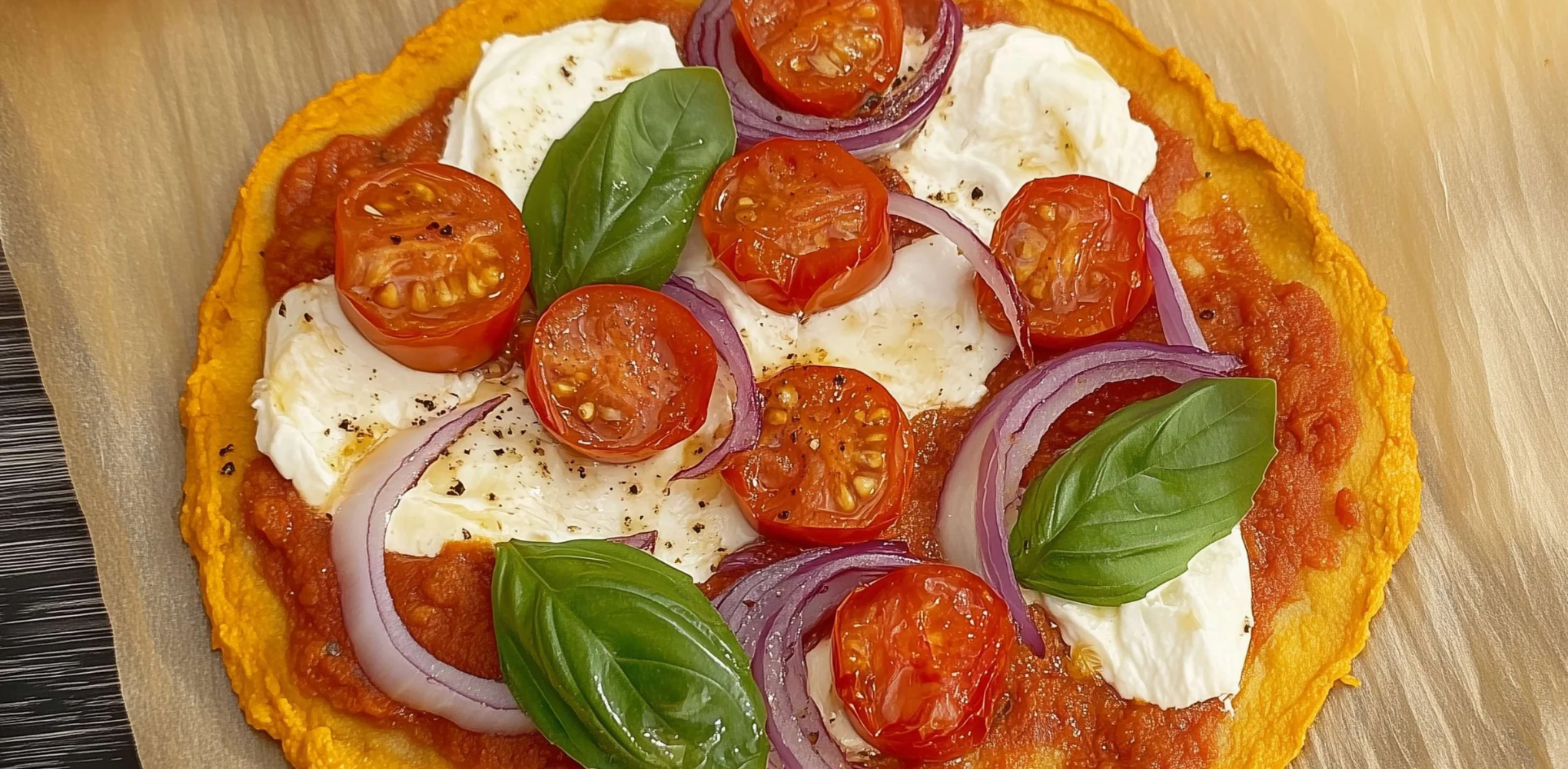 Top view of homemade gluten-free pumpkin dough pizza topped with fresh tomatoes and basil leaves
