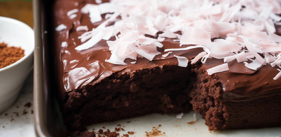 Close-up of a chocolate cake still in the oven, topped with chocolate cream and coconut chips