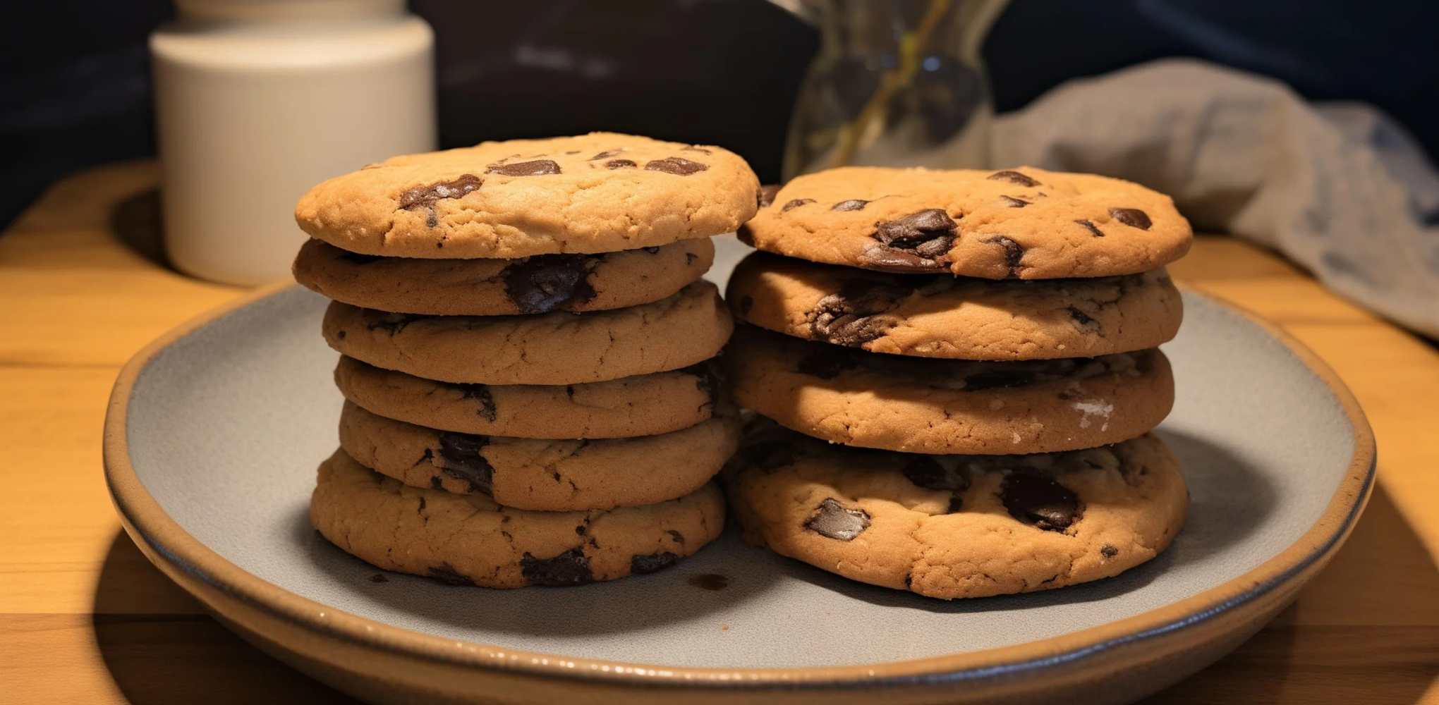 Plate with two neatly stacked piles of gluten-free olive oil chocolate chip cookies