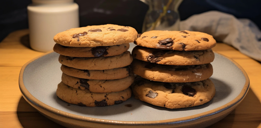 Plate with two neatly stacked piles of gluten-free olive oil chocolate chip cookies