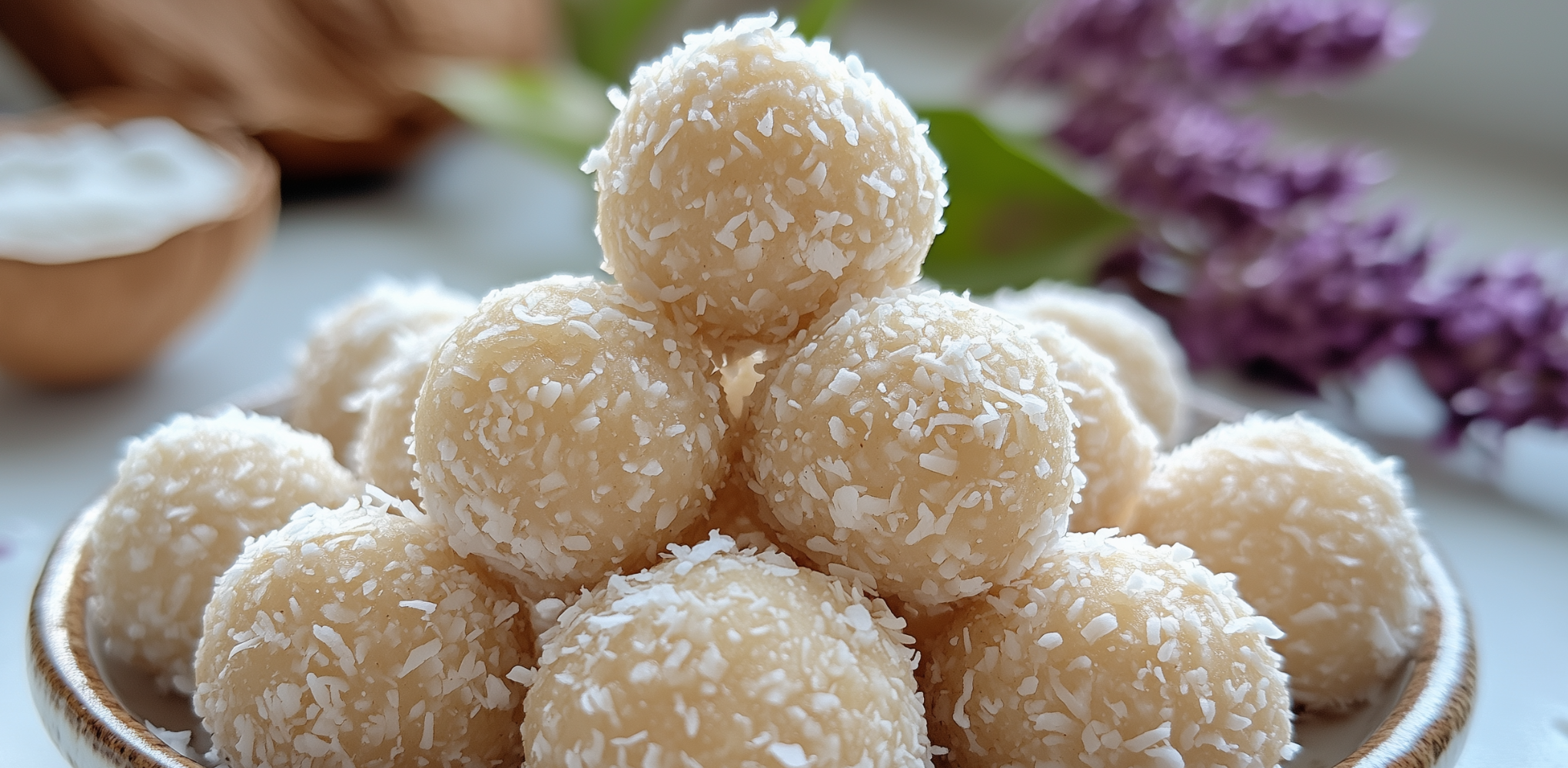 Close-up of raw white coconut balls on a plate, showcasing soft, no-bake treats perfect for a quick, sweet, and nutty snack