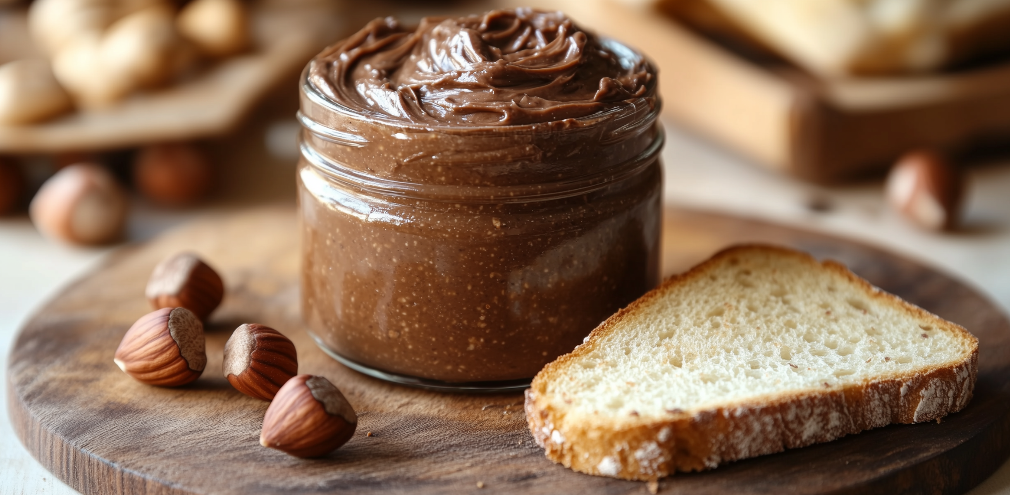  Glass jar filled with creamy chocolate hazelnut spread on a wooden board, surrounded by whole hazelnuts and a slice of rustic bread.