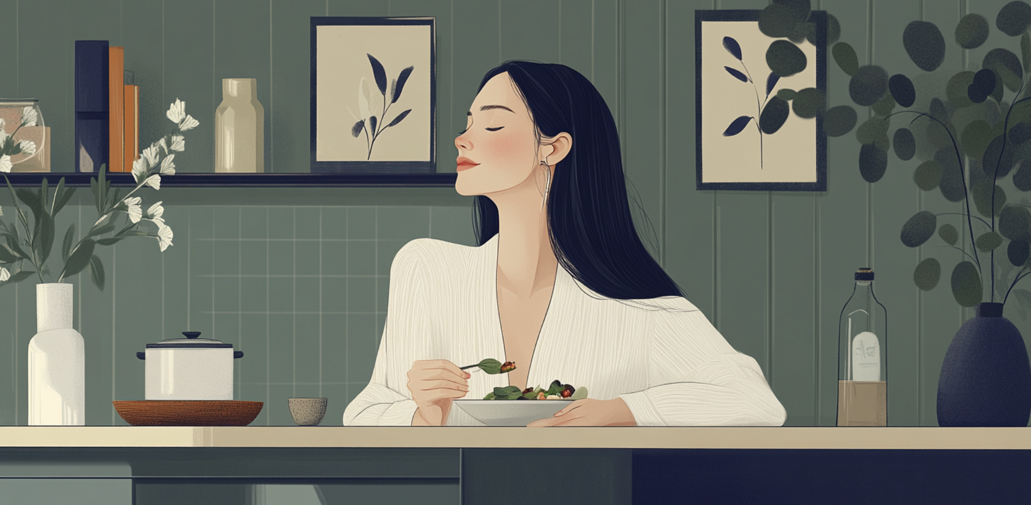 A woman in a serene modern kitchen enjoys a healthy bowl of salad, surrounded by natural décor and soothing green tones, reflecting mindful nutrition and moments of calm that support mental clarity for busy mothers