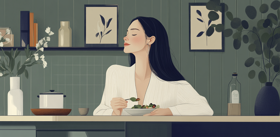 A woman in a serene modern kitchen enjoys a healthy bowl of salad, surrounded by natural décor and soothing green tones, reflecting mindful nutrition and moments of calm that support mental clarity for busy mothers