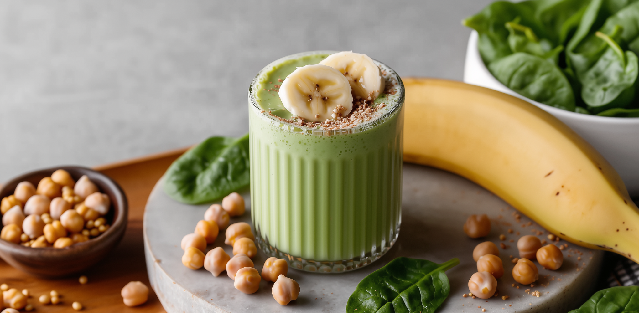 Green smoothie with banana slices, spinach, chickpeas, and banana on a marble board.