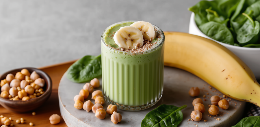 Green smoothie with banana slices, spinach, chickpeas, and banana on a marble board.
