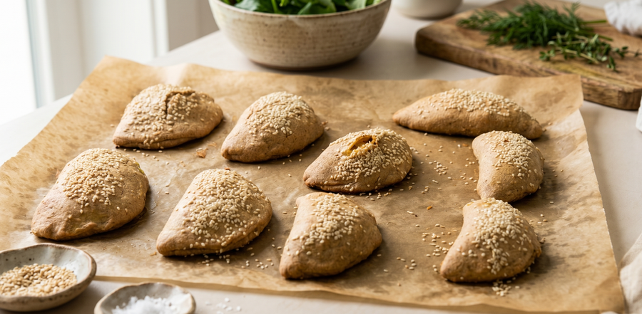 Golden sesame-topped burekas on baking paper after baking, fresh from the oven on a parchment-lined tray.