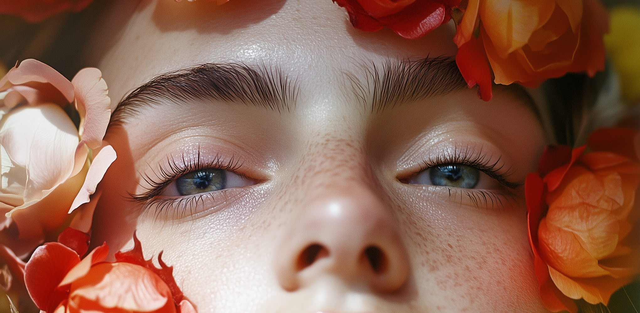 Artistic close-up of a woman's eyes with vibrant flowers surrounding her head, symbolizing beauty, resilience, and the transformative power of stress