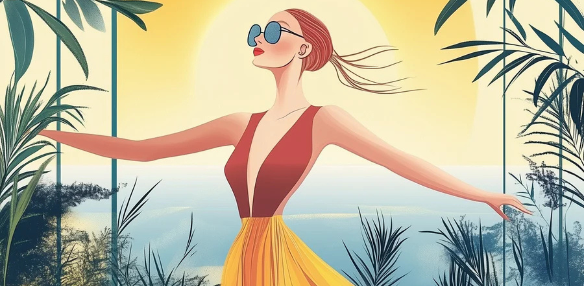 Illustration of a woman in sunglasses with arms outstretched, surrounded by vibrant colors, sea, and trees—symbolizing connection to nature and balance in motherhood