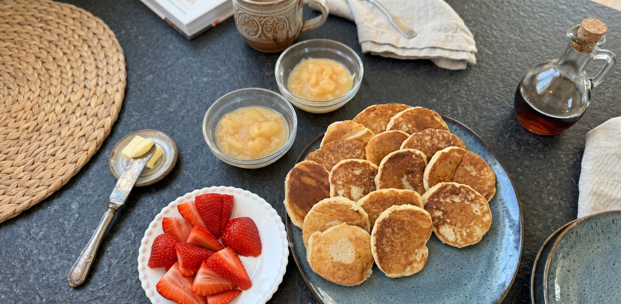 A stack of plain vegan almond and buckwheat pancakes on a rustic ceramic plate, with a smaller plate of fresh cut strawberries beside it.