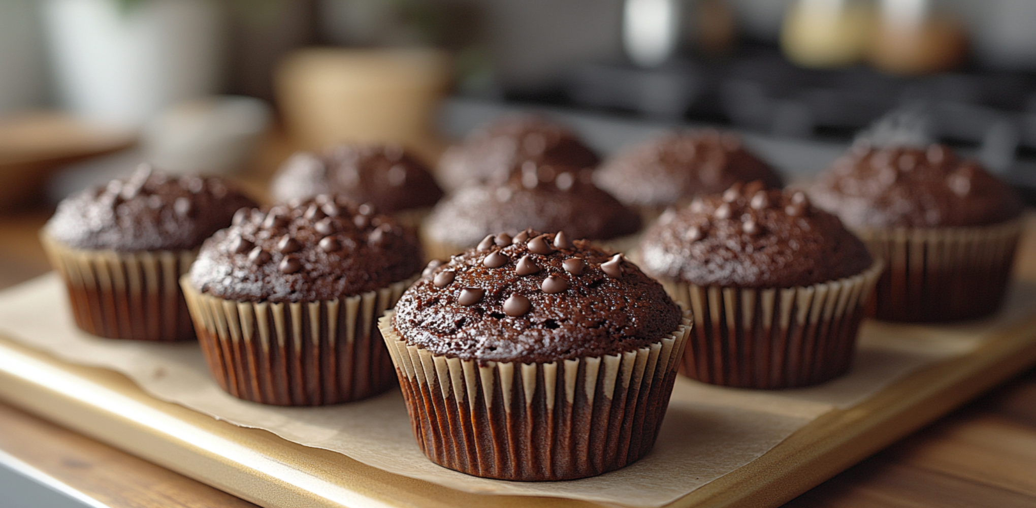 Chocolate muffins topped with chocolate chips on a baking tray lined with brown parchment paper, fresh from the oven.