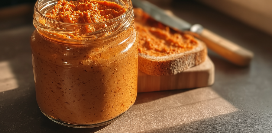 A glass jar filled with homemade sun-dried tomato and sunflower seed spread, sitting in warm morning sunlight next to a slice of sourdough bread on a wooden board