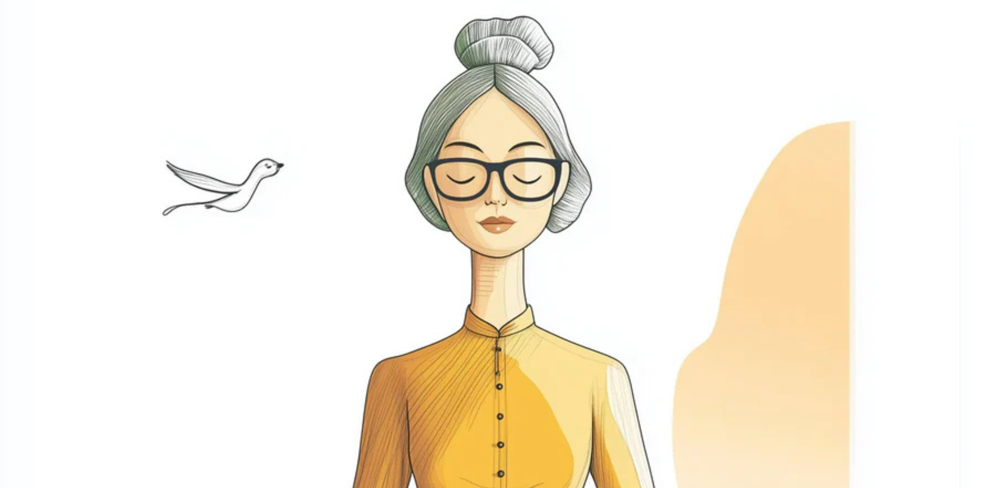 Illustration of a woman with glasses, eyes closed in meditation, a bird nearby, on a white background—symbolizing emotional awareness and inner healing