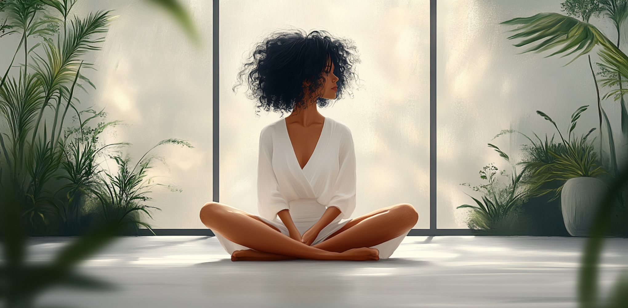 woman seating in a clam atmosphere. green plants around her.