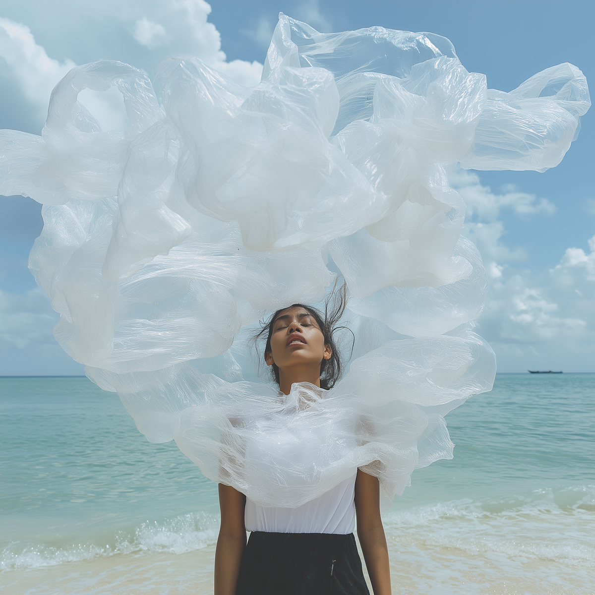 Illustration of a woman closing her eyes, nylon bags surrounding her head, with the sea behind her, representing overwhelm and the challenge of setting boundaries in modern motherhood
