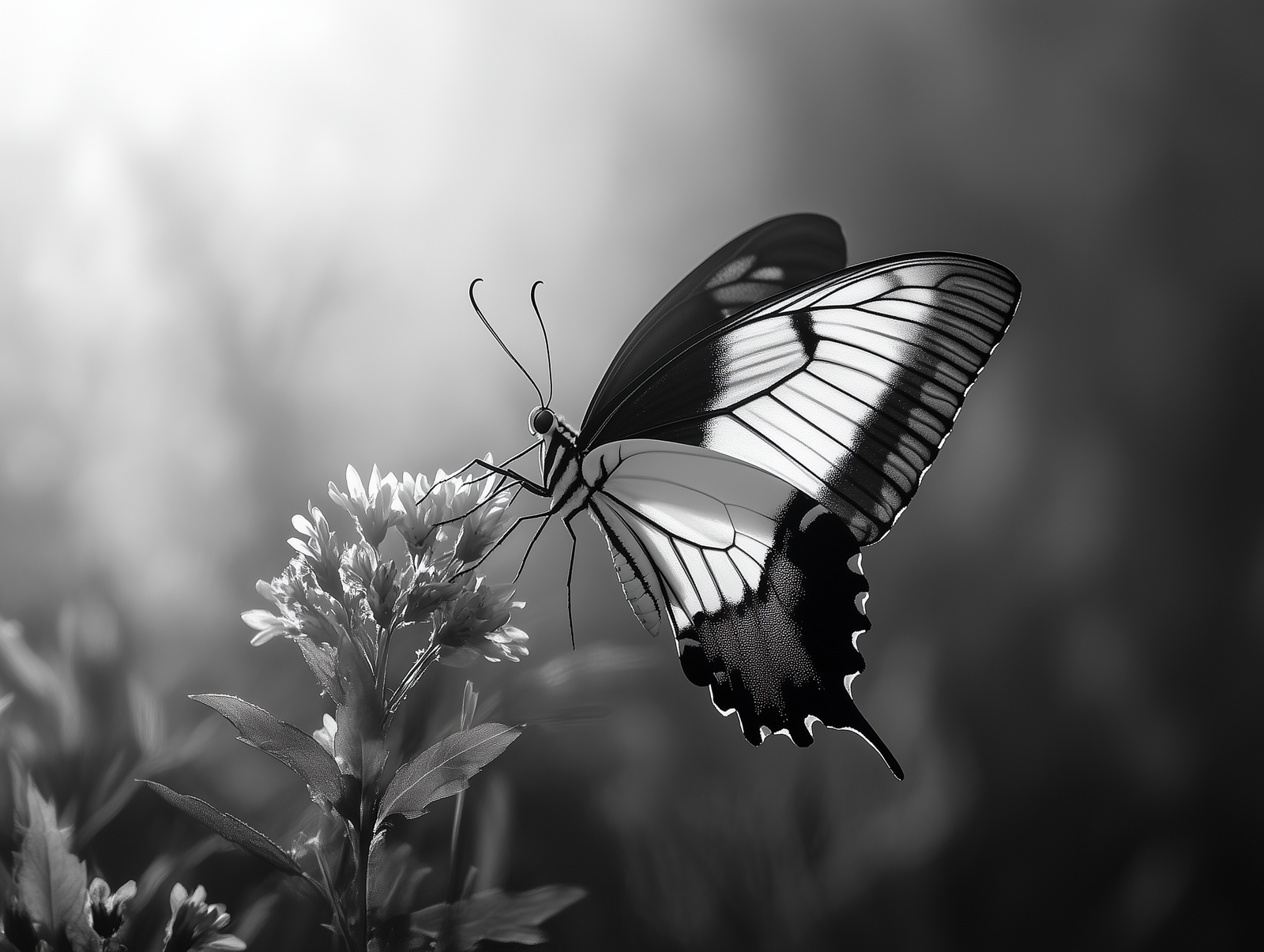 Black and white butterfly on a flower, used as a background for MOMent’s brand story