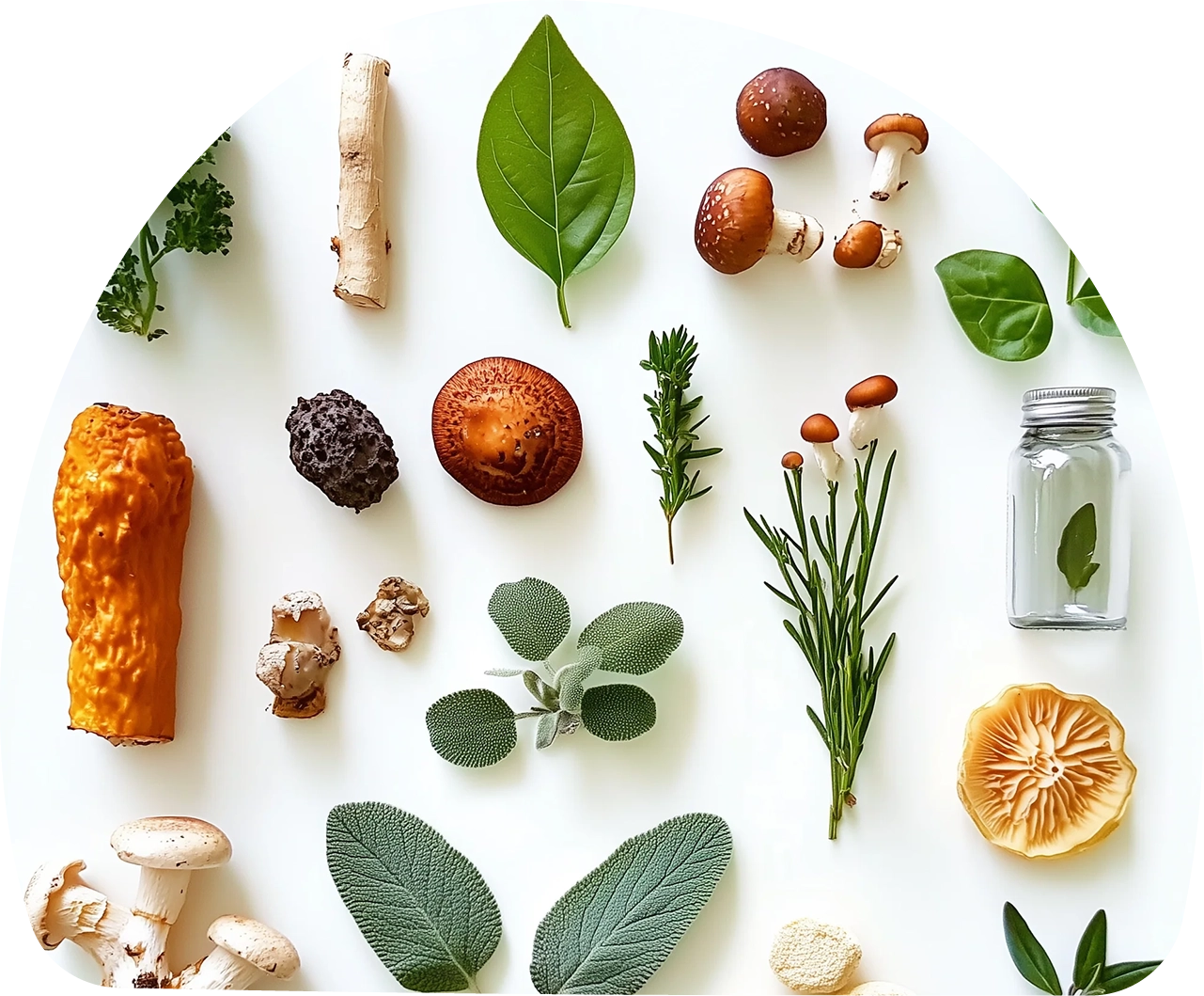 Top view of assorted mushrooms, herbs, and raw ingredients from Chinese and Indian traditional medicine, organized for a photoshoot