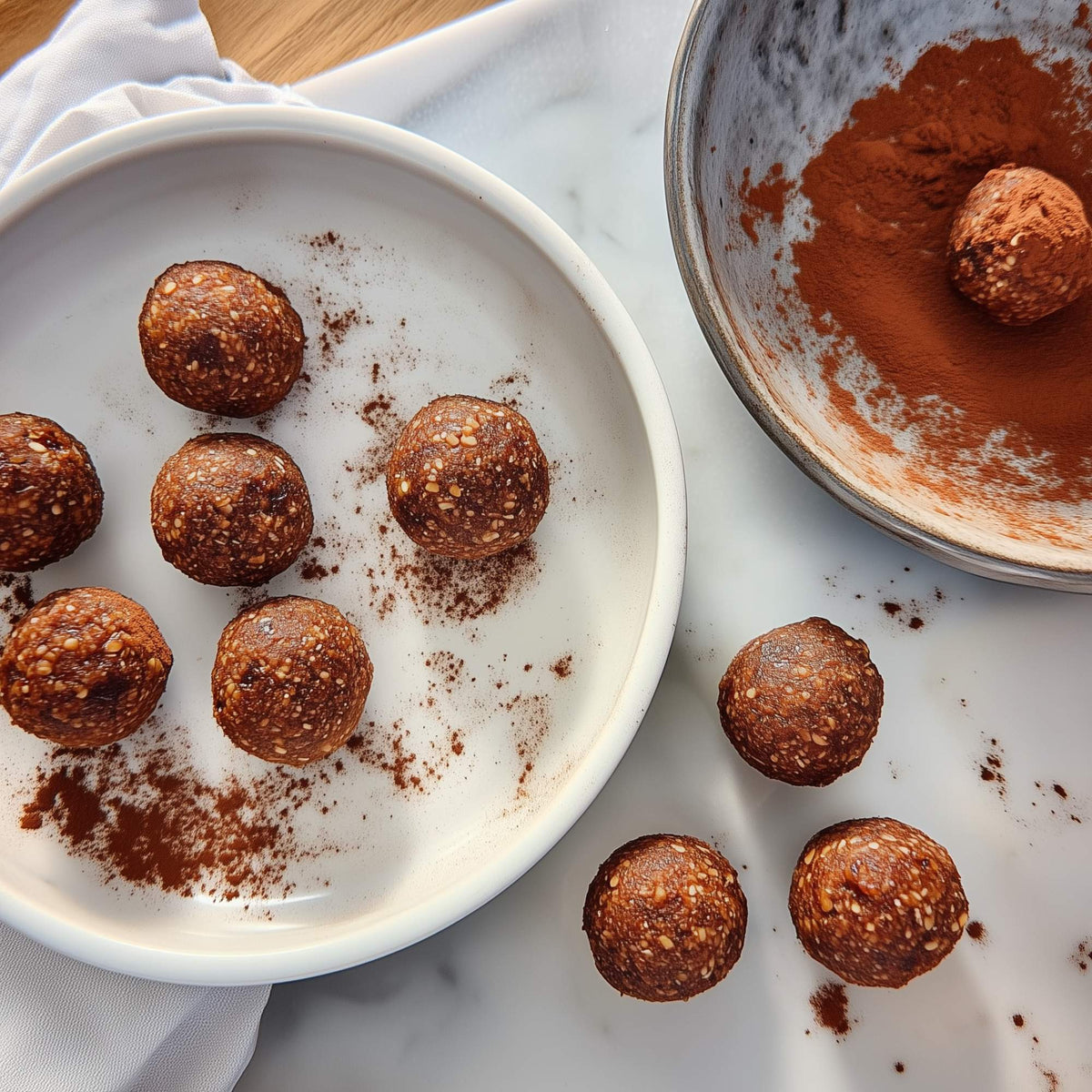 Plate of homemade energy balls, some coated with cocoa powder, made from Medjool dates, nuts, and cocoa