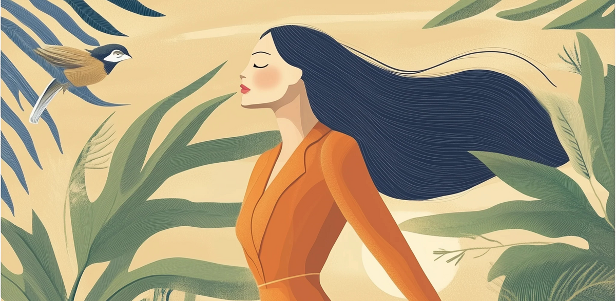 Woman with long hair, eyes closed, surrounded by nature and a bird, symbolizing calm and connection to natural wisdom in motherhood
