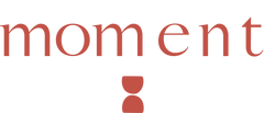 Red MOMent logo with two abstract shapes on a transparent background.